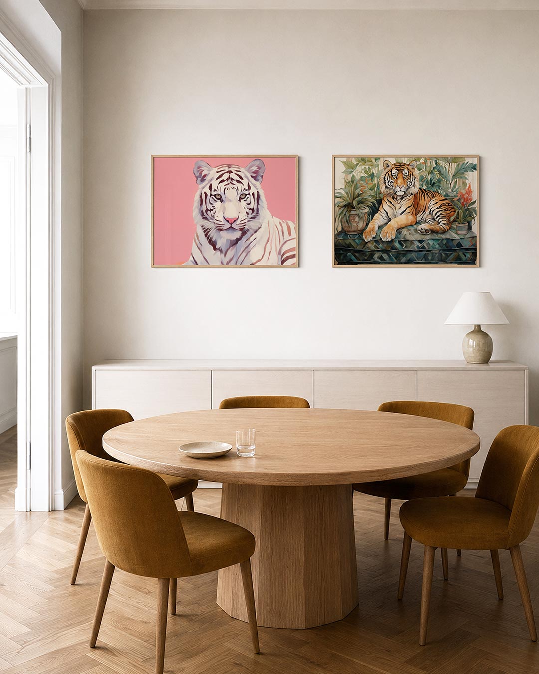 Tweedelige posterset met een sierlijke tijger met zachte, vloeiende lijnen, getoond in een interieur