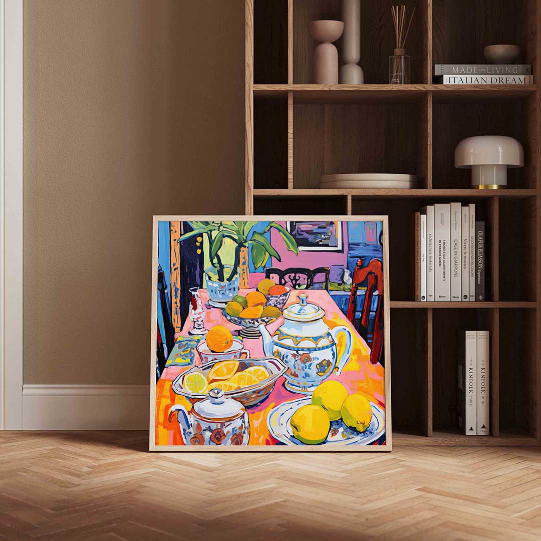 Fruit en servies op tafel Poster