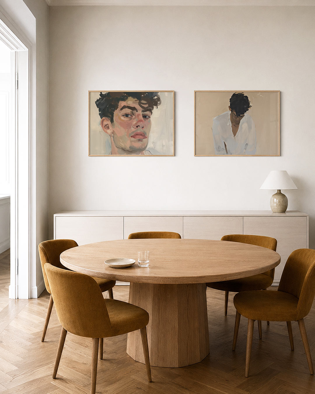 Tweedelige posterset met donkere tinten en een rustige visuele opbouw, getoond in een interieur
