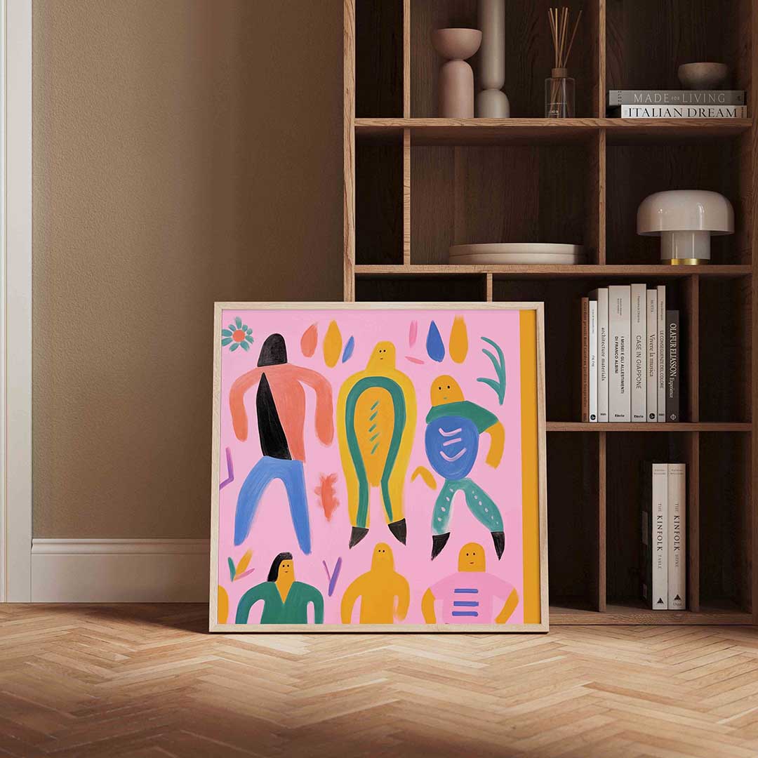 Vrolijke figuren op roze Poster