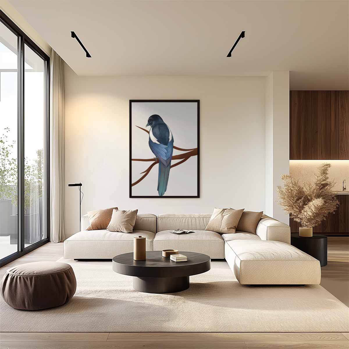 Kleurrijke Ekster op Tak Kunstwerk-canvas-dibond-plexiglas-wanddecoratie-WallArtistic