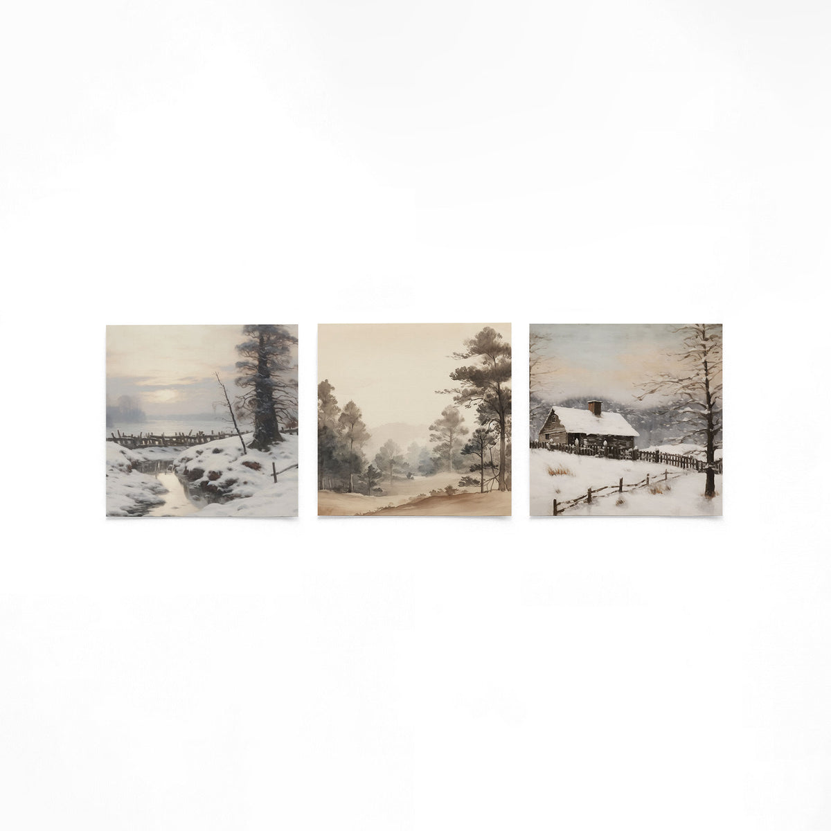 Drie vierkante posters met besneeuwde landschappen op een gebroken witte achtergrond