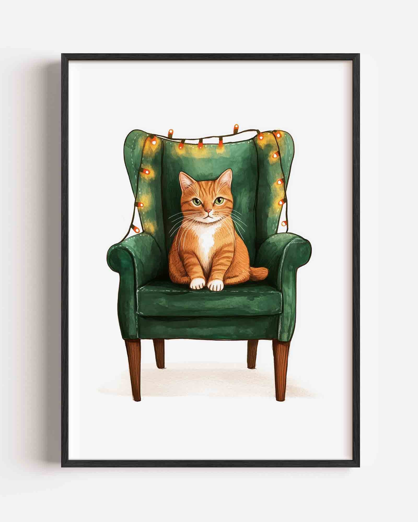 Kat op groene stoel Poster