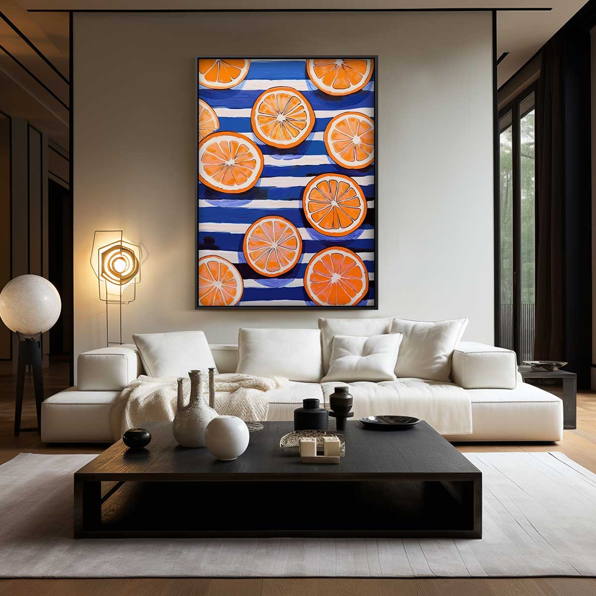 Zonnige Sinaasappels op Streepjespatroon Kunstwerk-canvas-dibond-plexiglas-wanddecoratie-WallArtistic