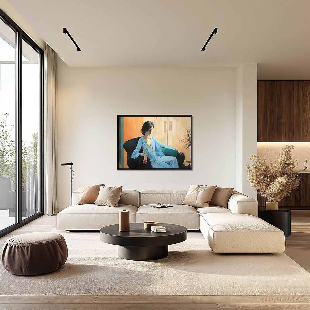 Vrouw in blauwe kamer Kunstwerk