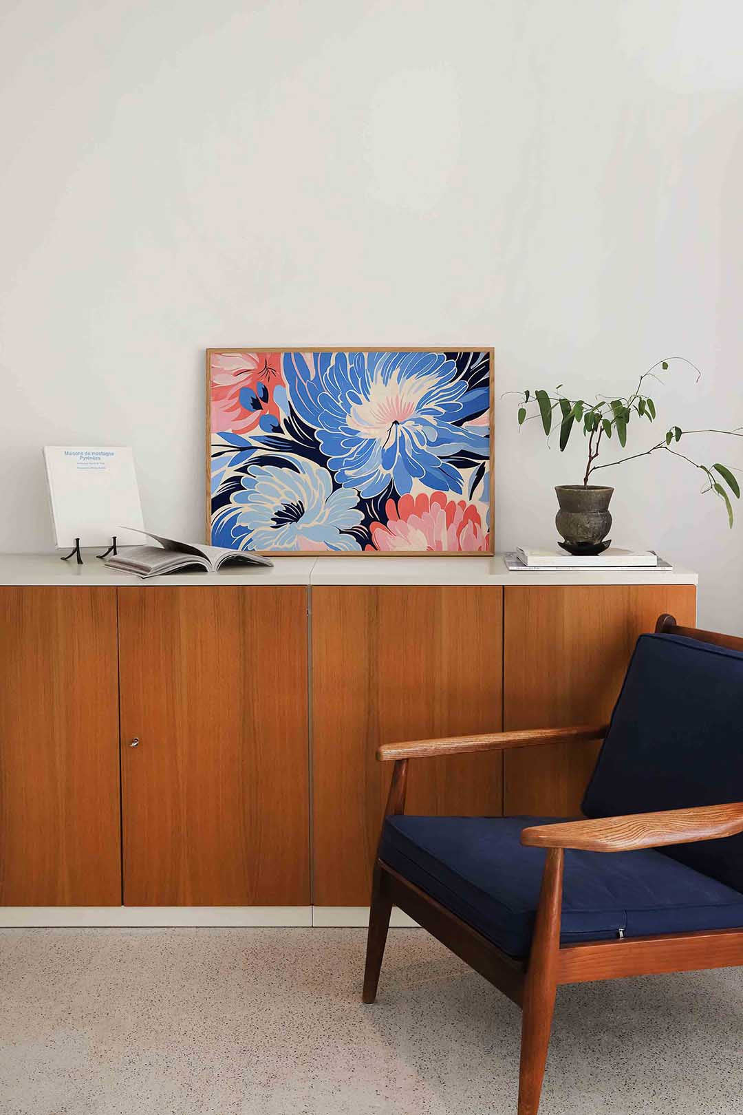 Bloemen in blauw en roze Poster