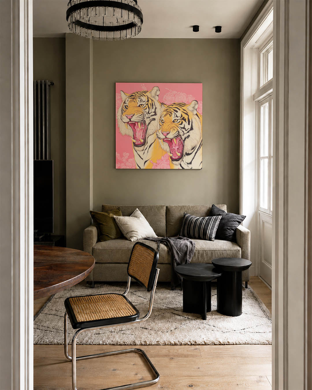 Tijgers op roze achtergrond Kunstwerk