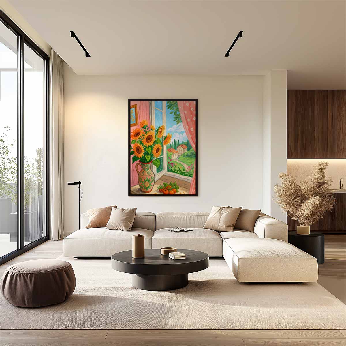 Zonnige Zonnebloemen aan het Raam Kunstwerk-canvas-dibond-plexiglas-wanddecoratie-WallArtistic