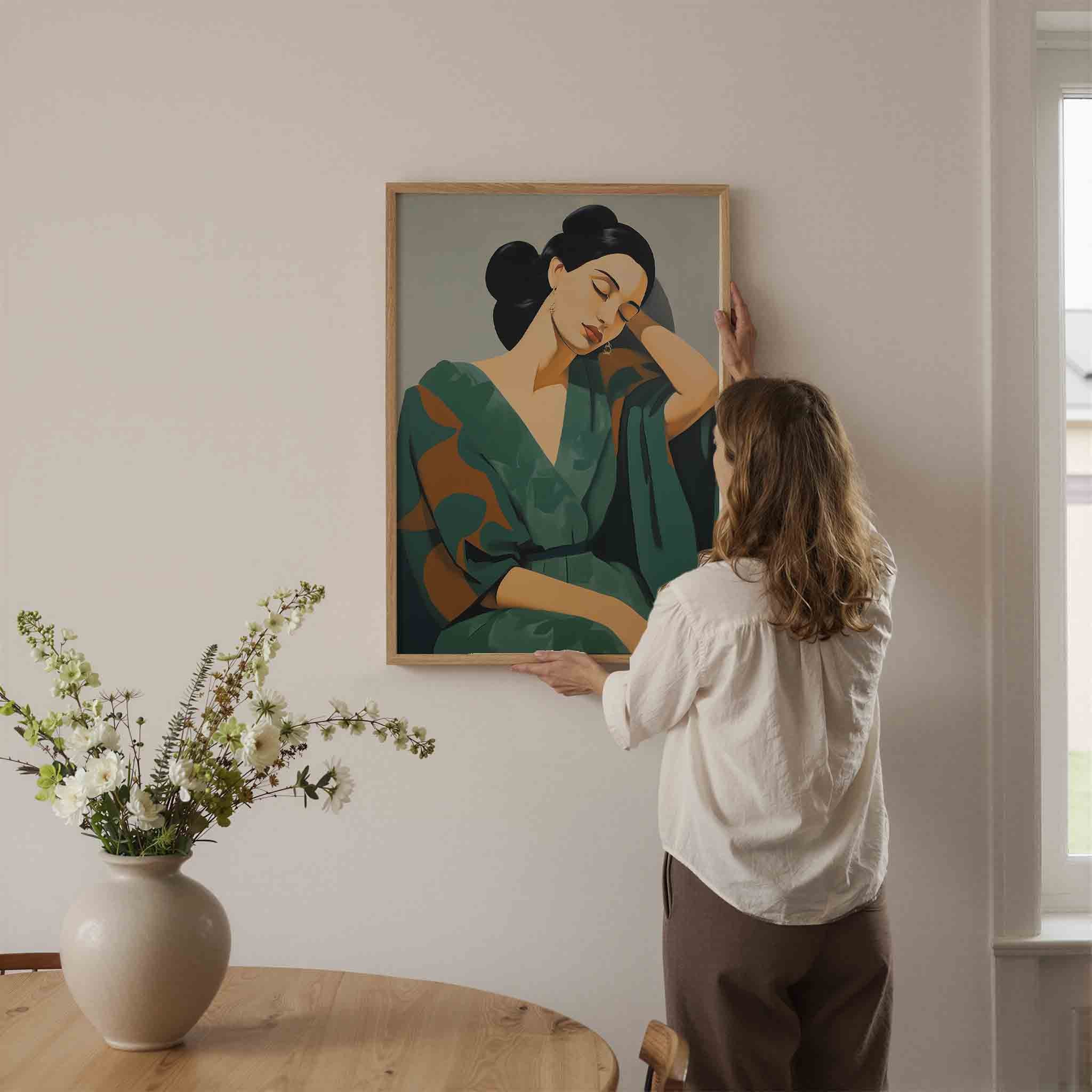 Vrouw in groene jurk Poster