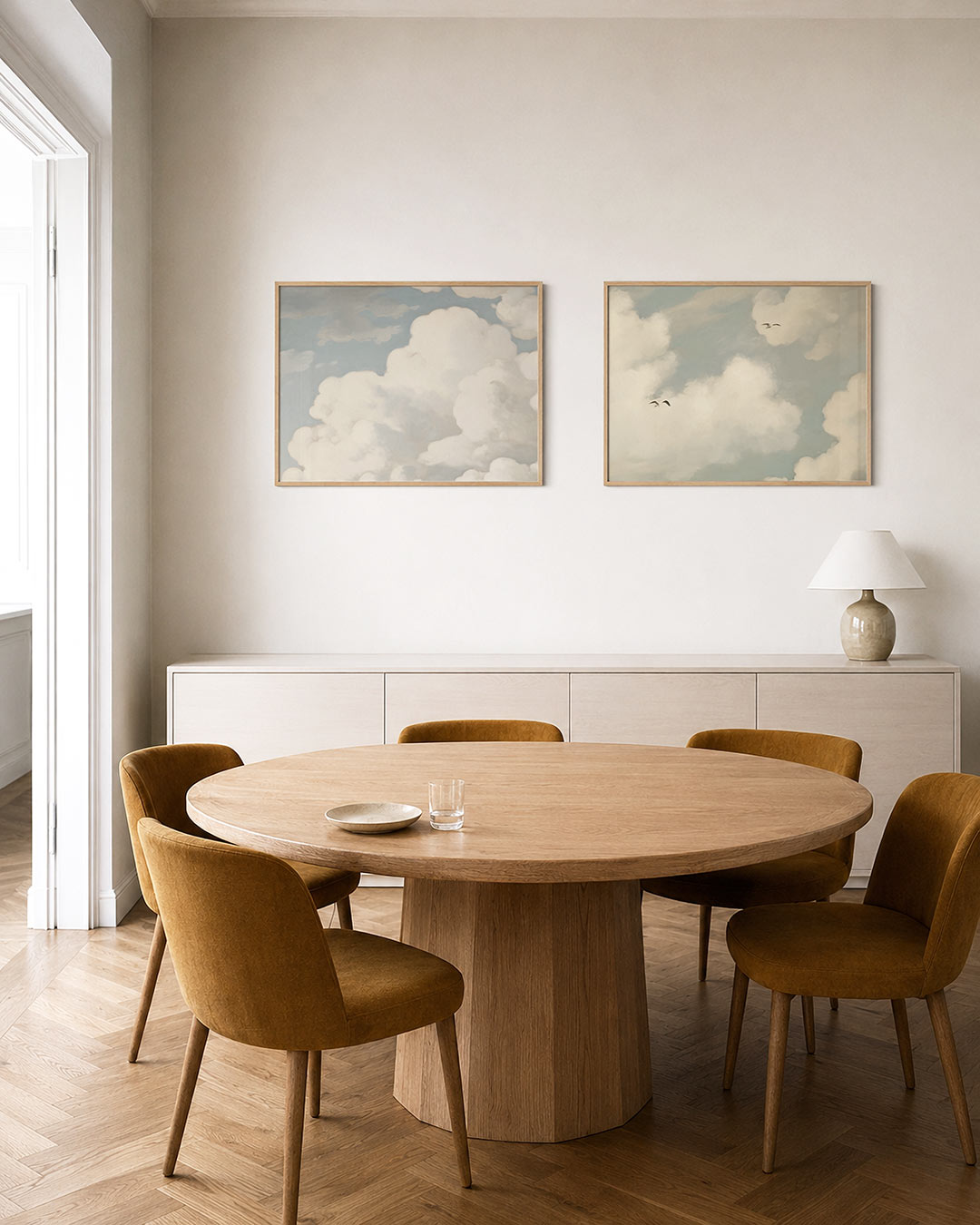 Twee liggende posters met zachte witte wolken tegen een lichtblauwe lucht, aan de muur in een interieur