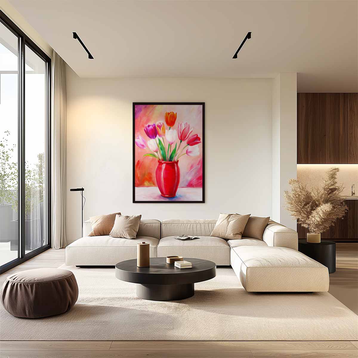 Vrolijke Tulpen in Rode Vaas Kunstwerk-canvas-dibond-plexiglas-wanddecoratie-WallArtistic