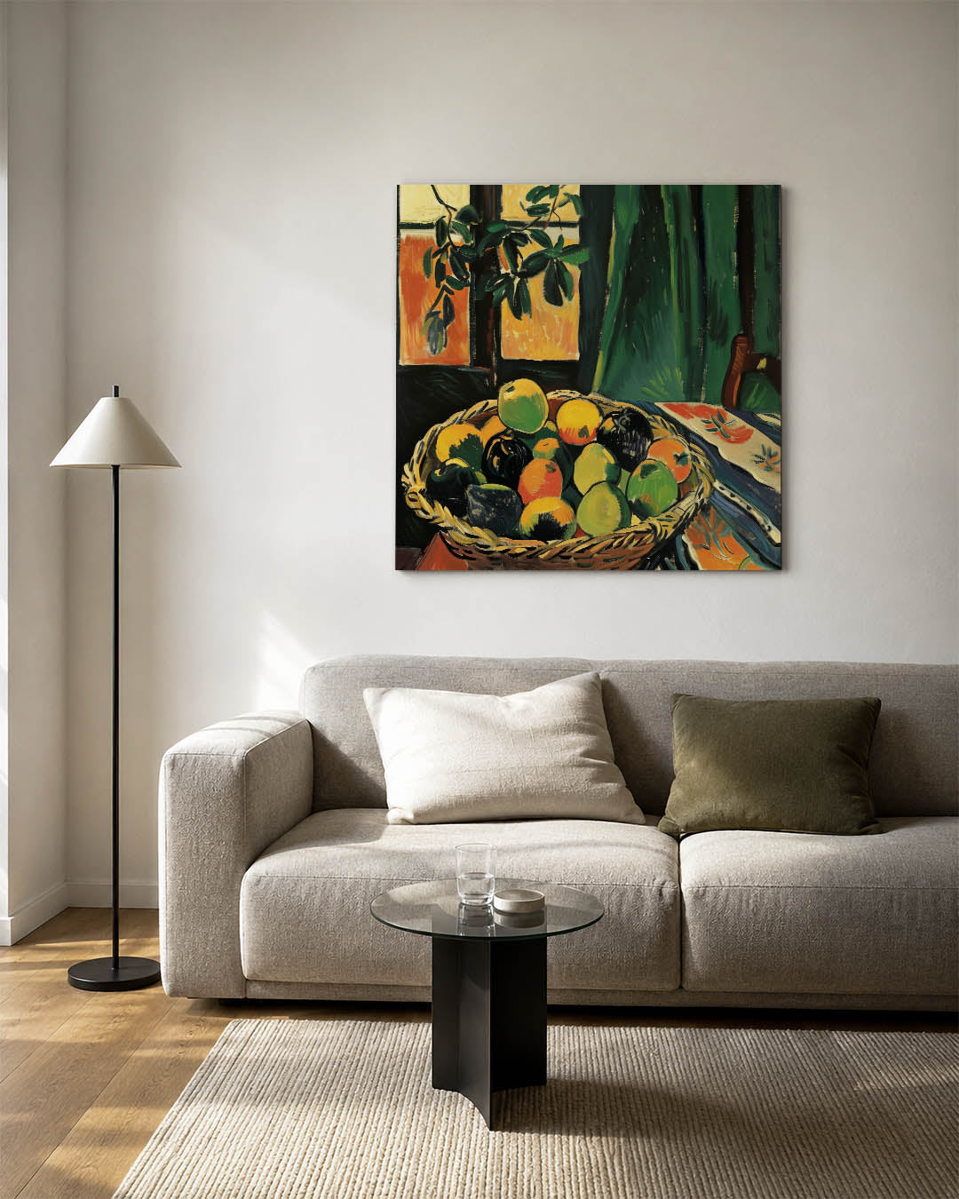 Fruitmand met groene gordijn Kunstwerk