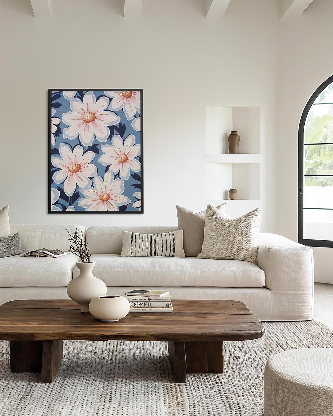 Bloemmotief op blauw Kunstwerk