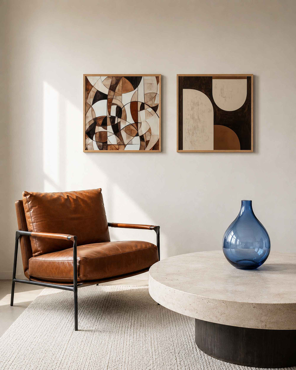 Interieurpresentatie van een tweedelige vierkante posterset met bruine geometrische vormen