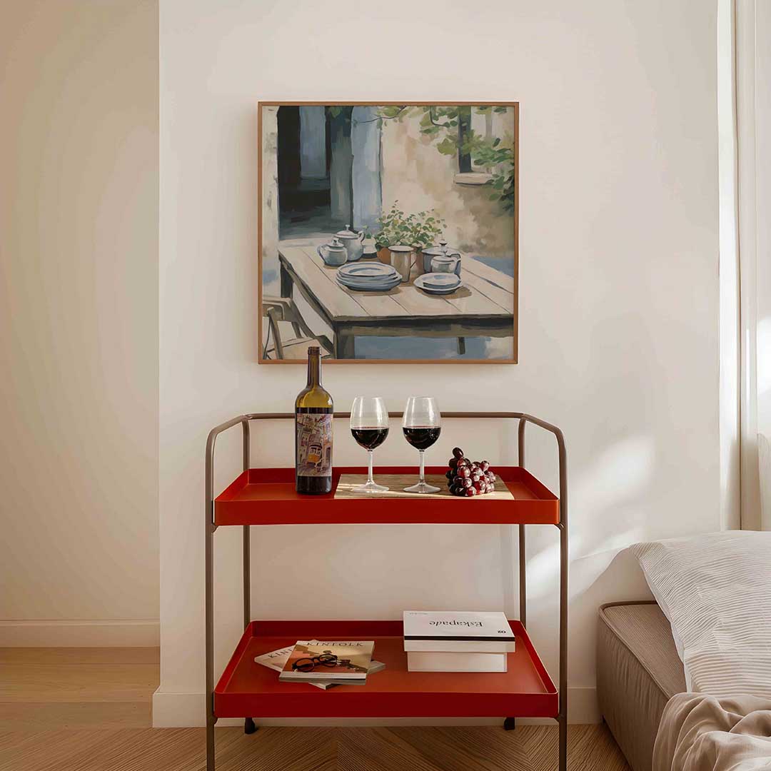 Buiten tafel met servies Poster