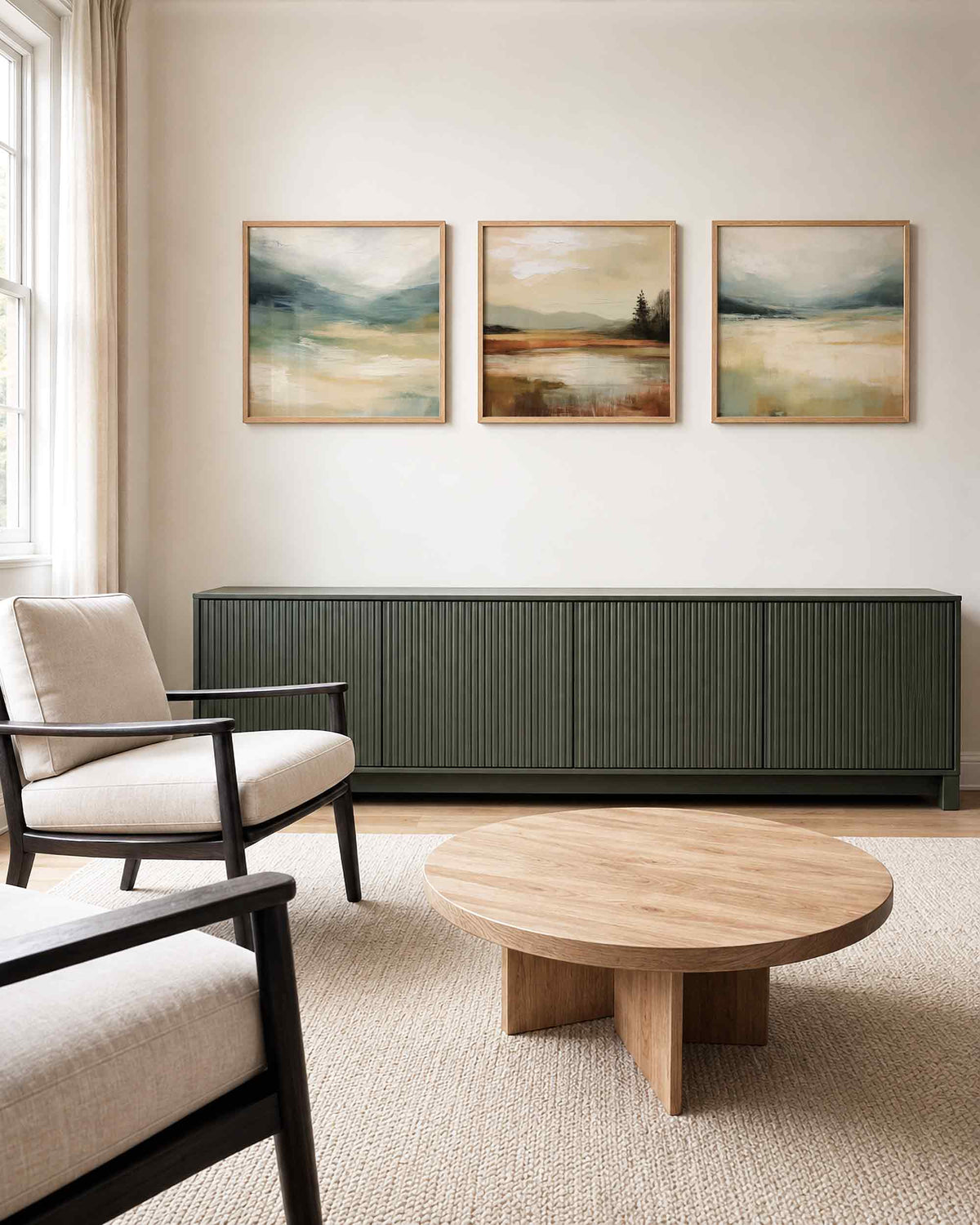 Interieurpresentatie van een driedelige vierkante posterset met abstracte landschappen