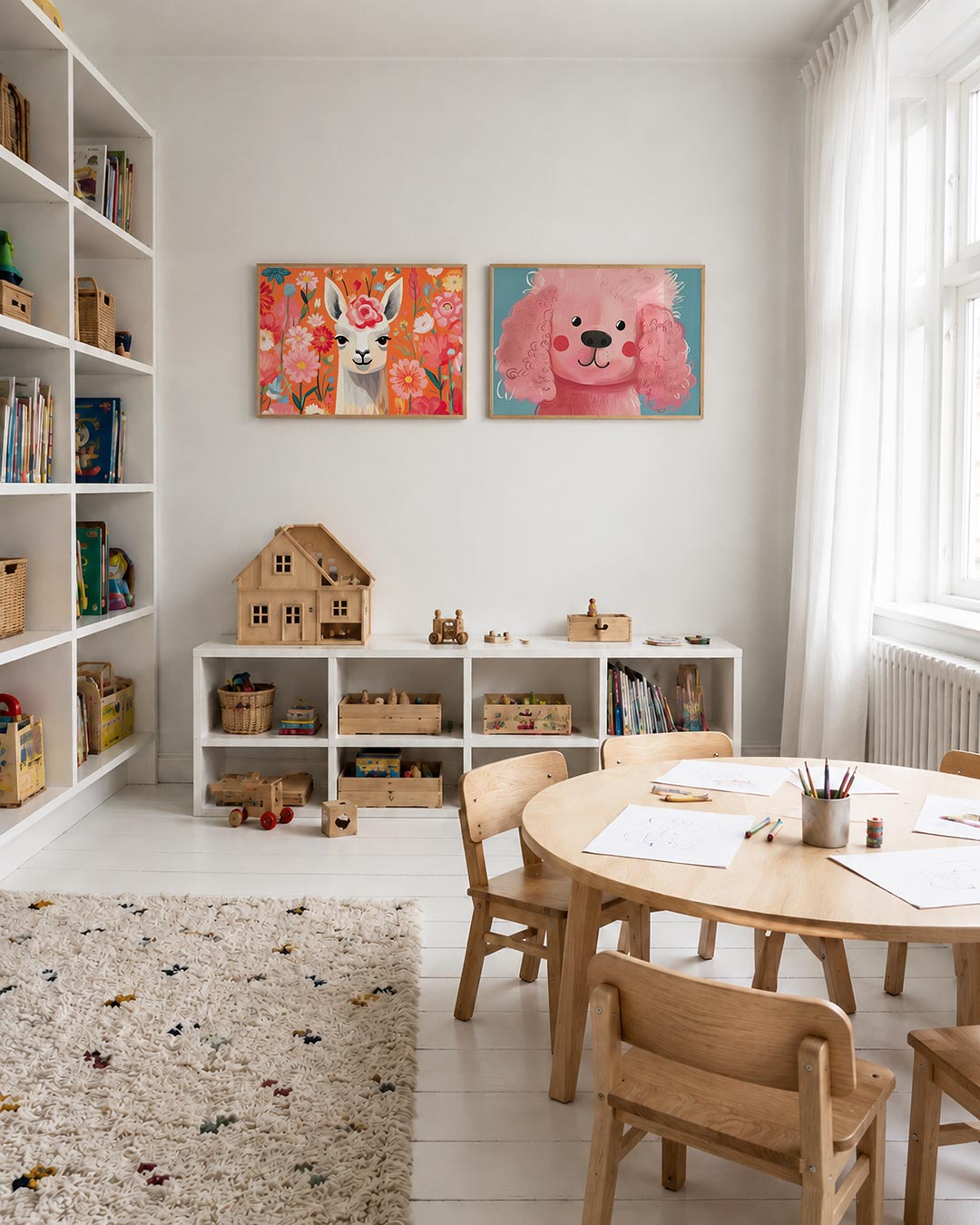 Twee liggende posters met een vrolijke lama omringd door kleurrijke bloemen, aan de muur in een interieur