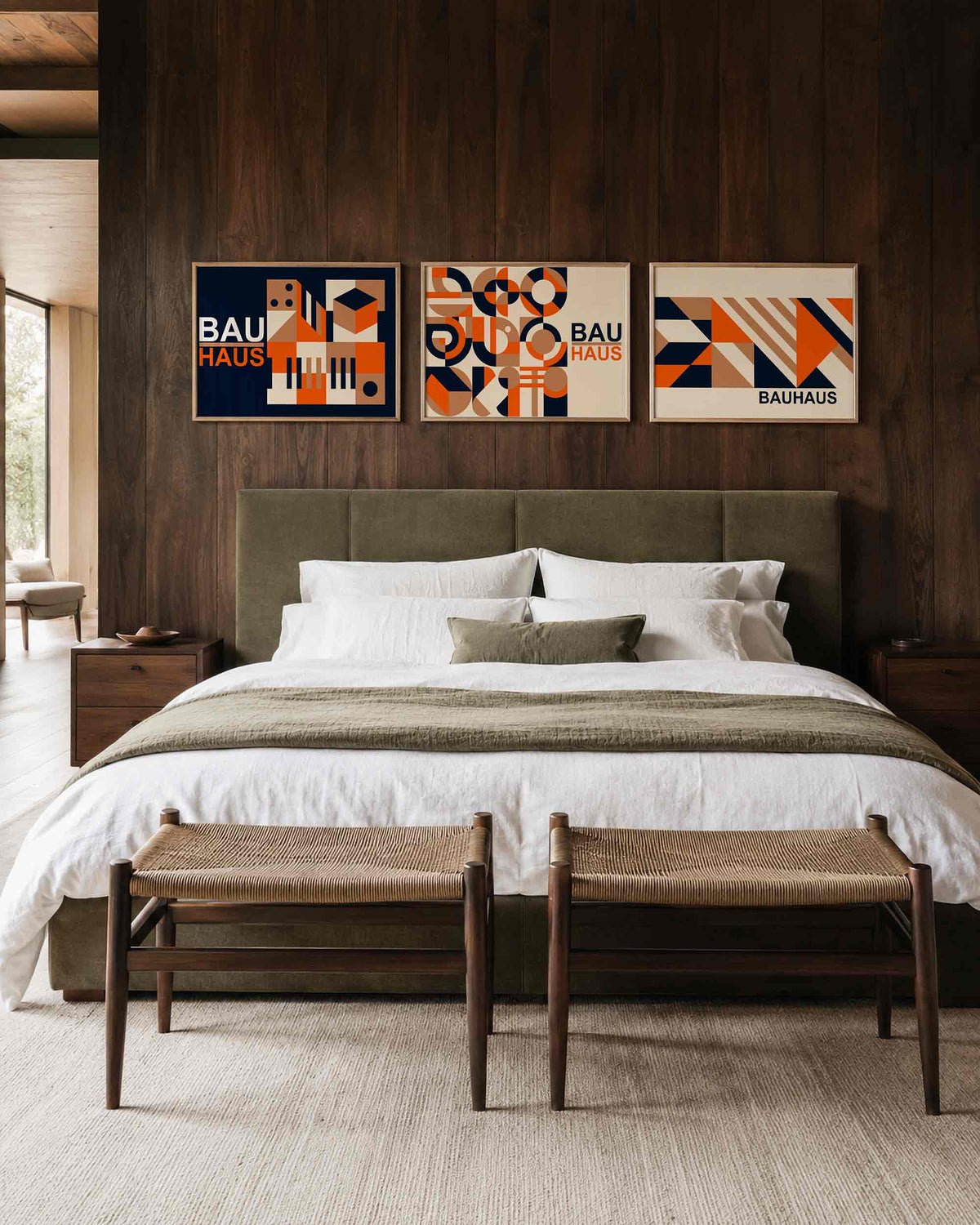 Interieurmockup van drieluik landscape-posterset met koraal, vormen en lijnen