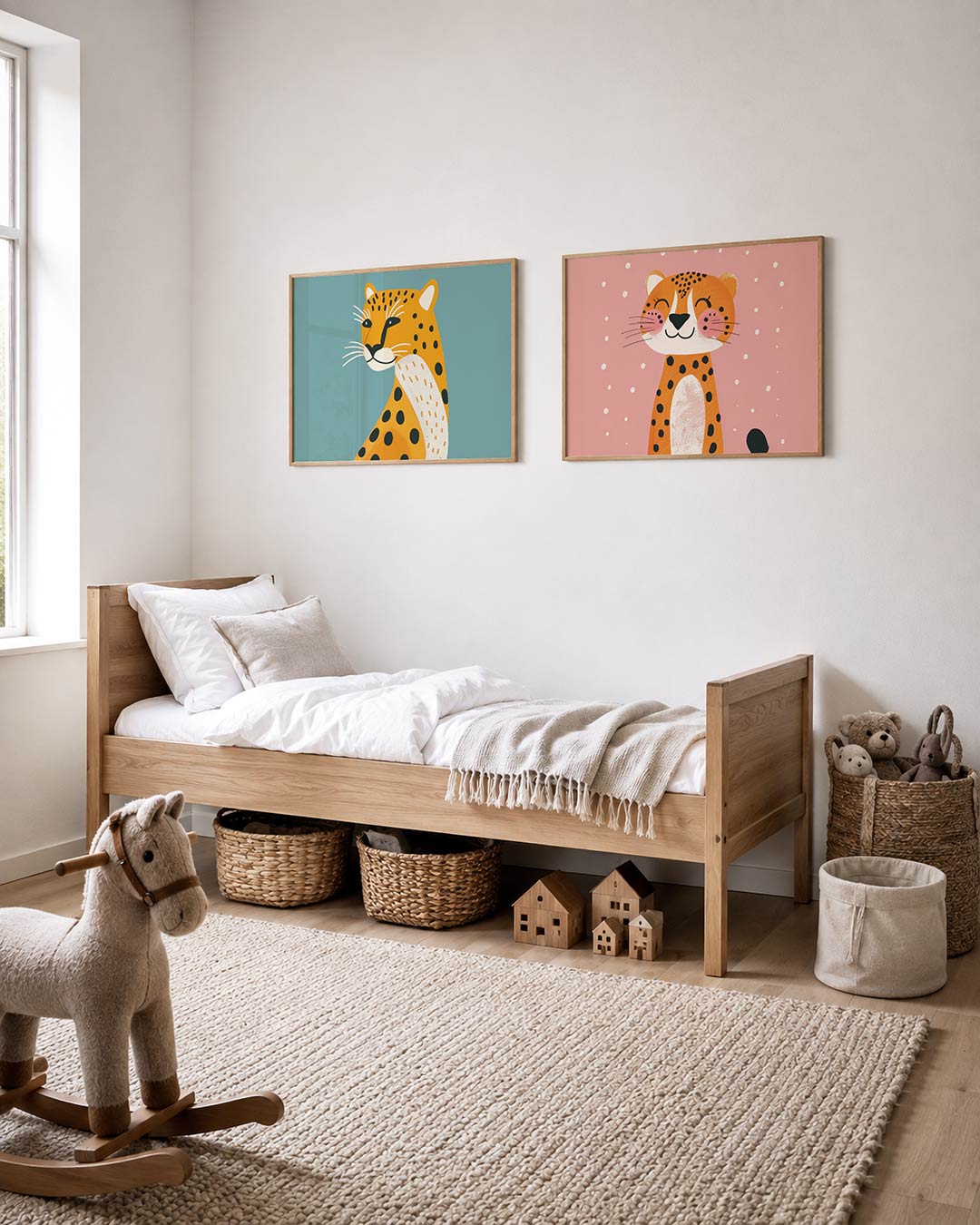 Twee liggende posters met een speelse compositie met een gestileerde luipaard, aan de muur in een interieur