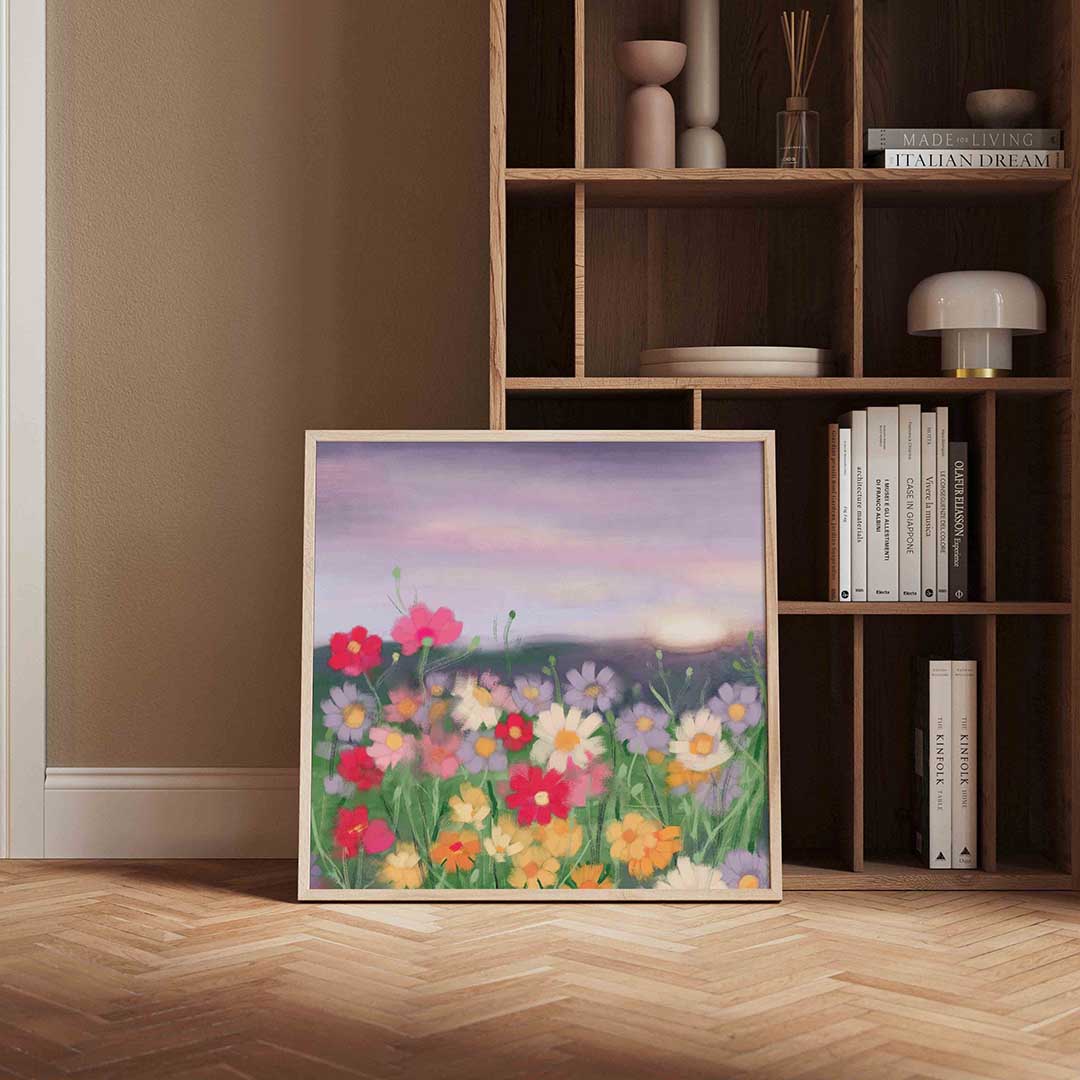 Bloemenveld bij zonsondergang Poster