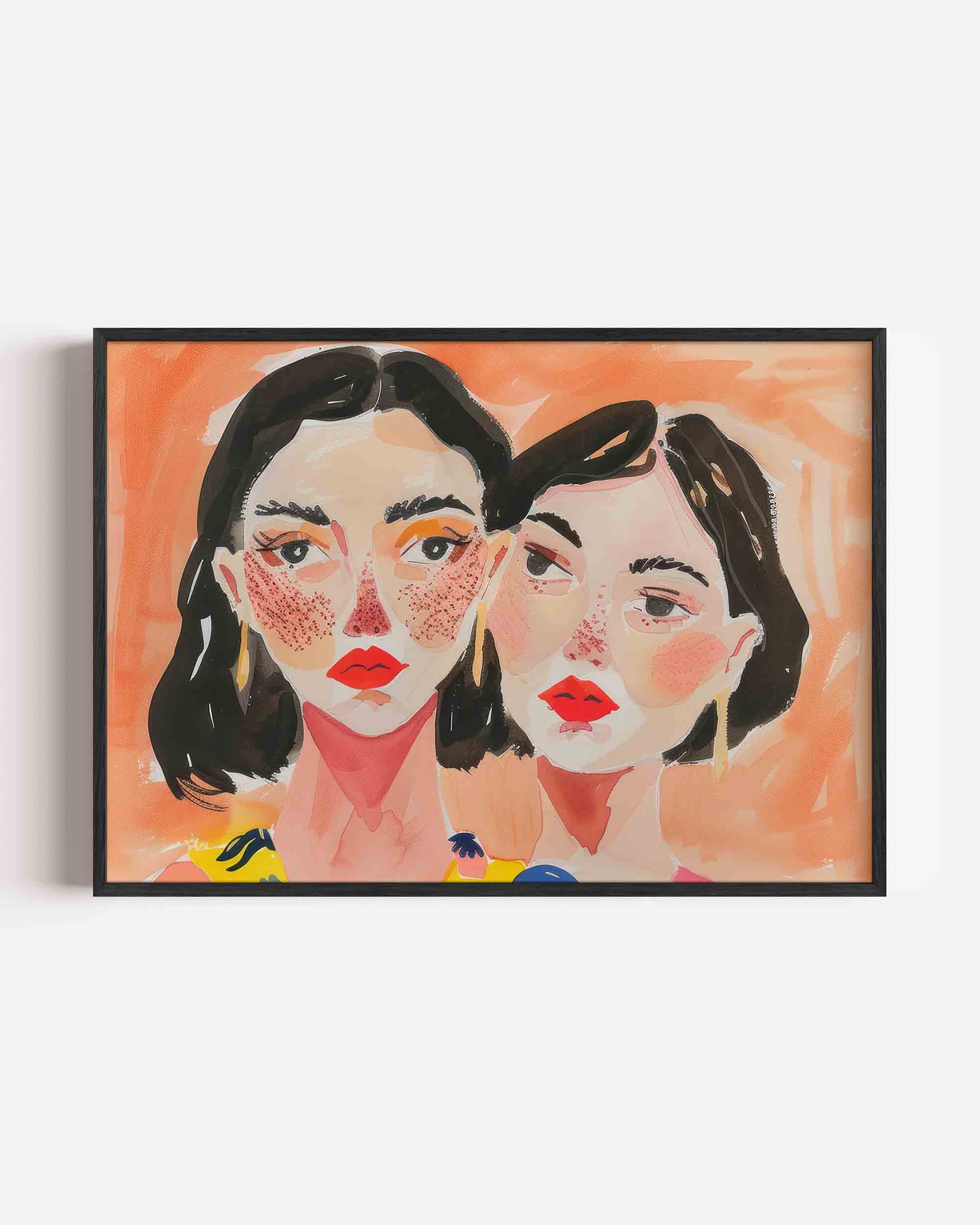 Twee gezichten met rode lippen Poster