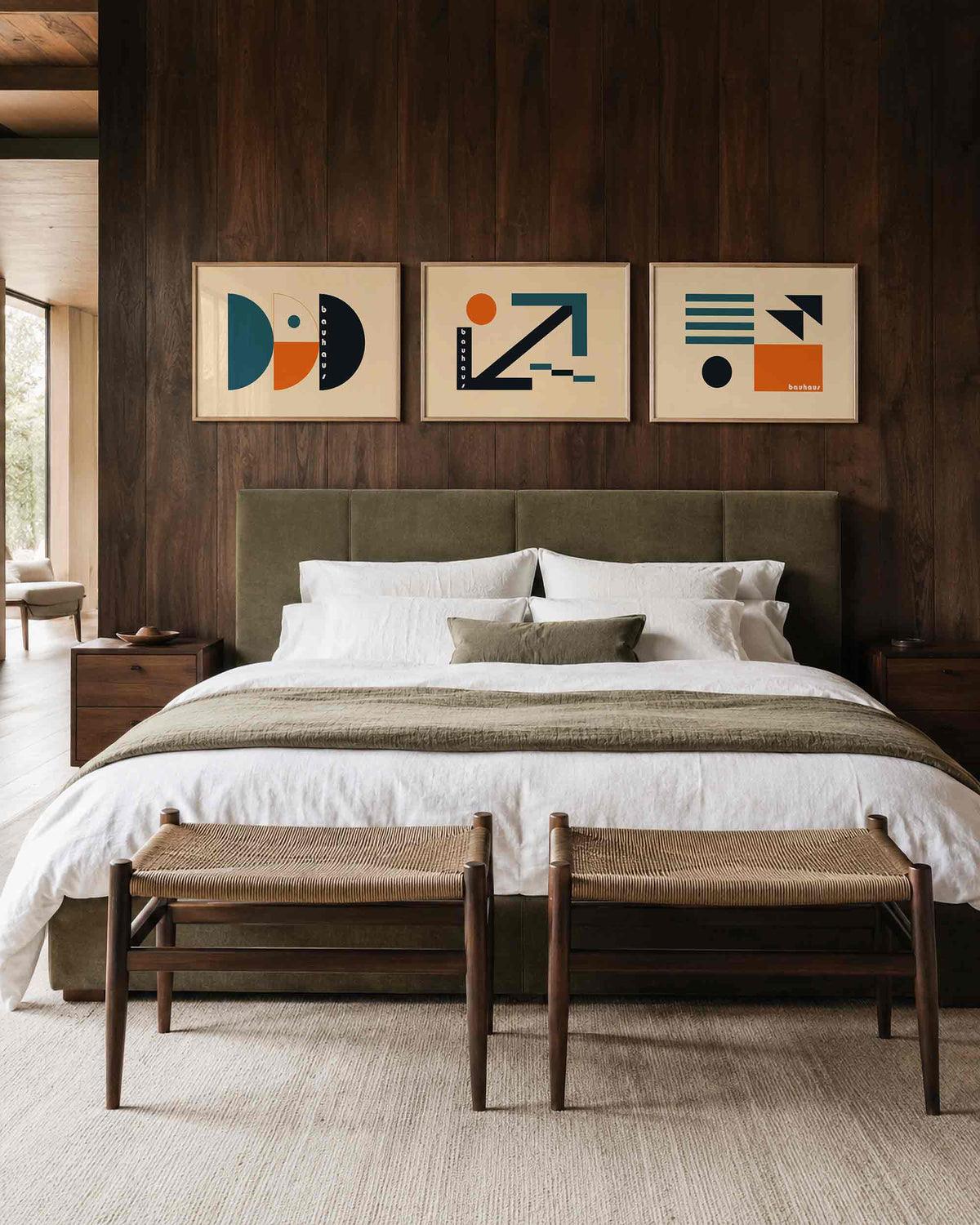 Interieurmockup van drieluik landscape-posterset met halve manen en rechte lijnen