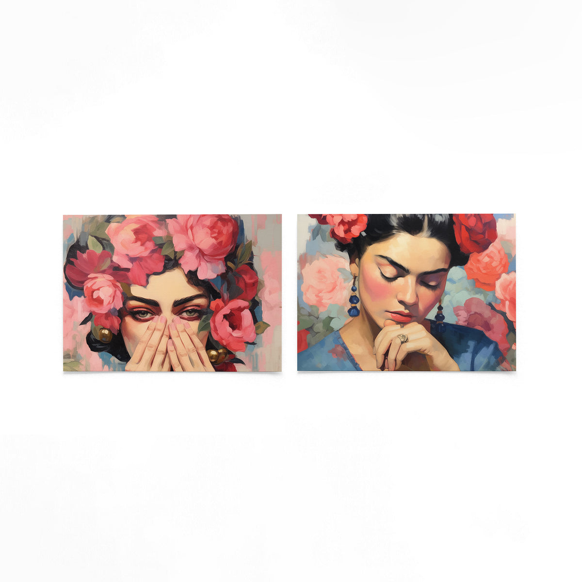 Twee liggende posters met een gezicht omringd door levendige roze bloemen op een gebroken witte achtergrond