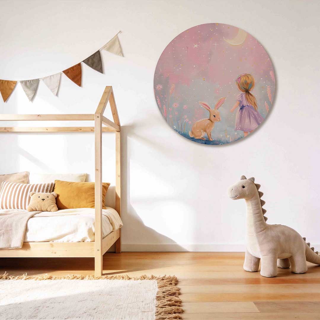 Meisje en konijn onder maan Muurcirkel