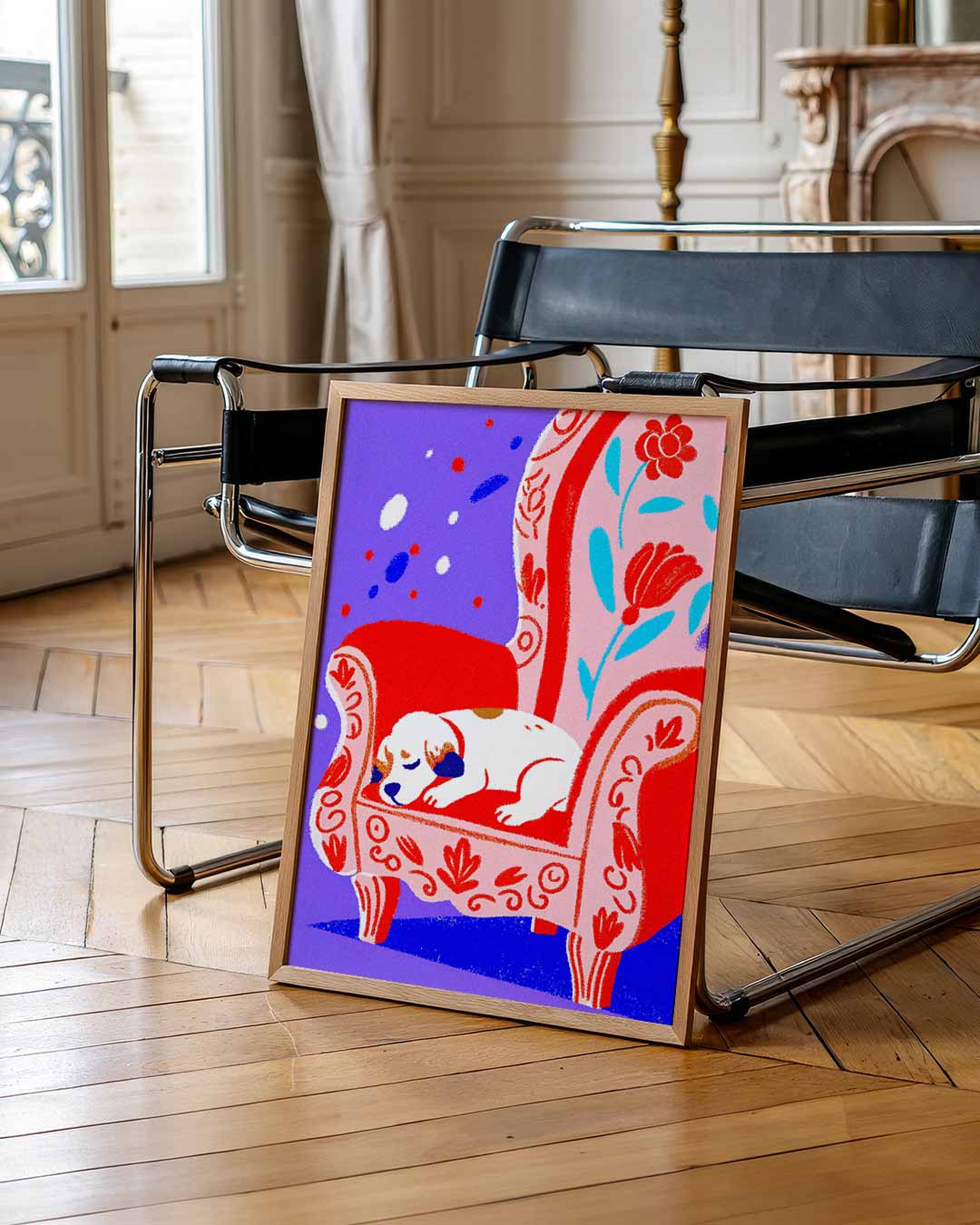 Dromerige Puppy op Bloemrijke Fauteuil Poster-WallArtistic