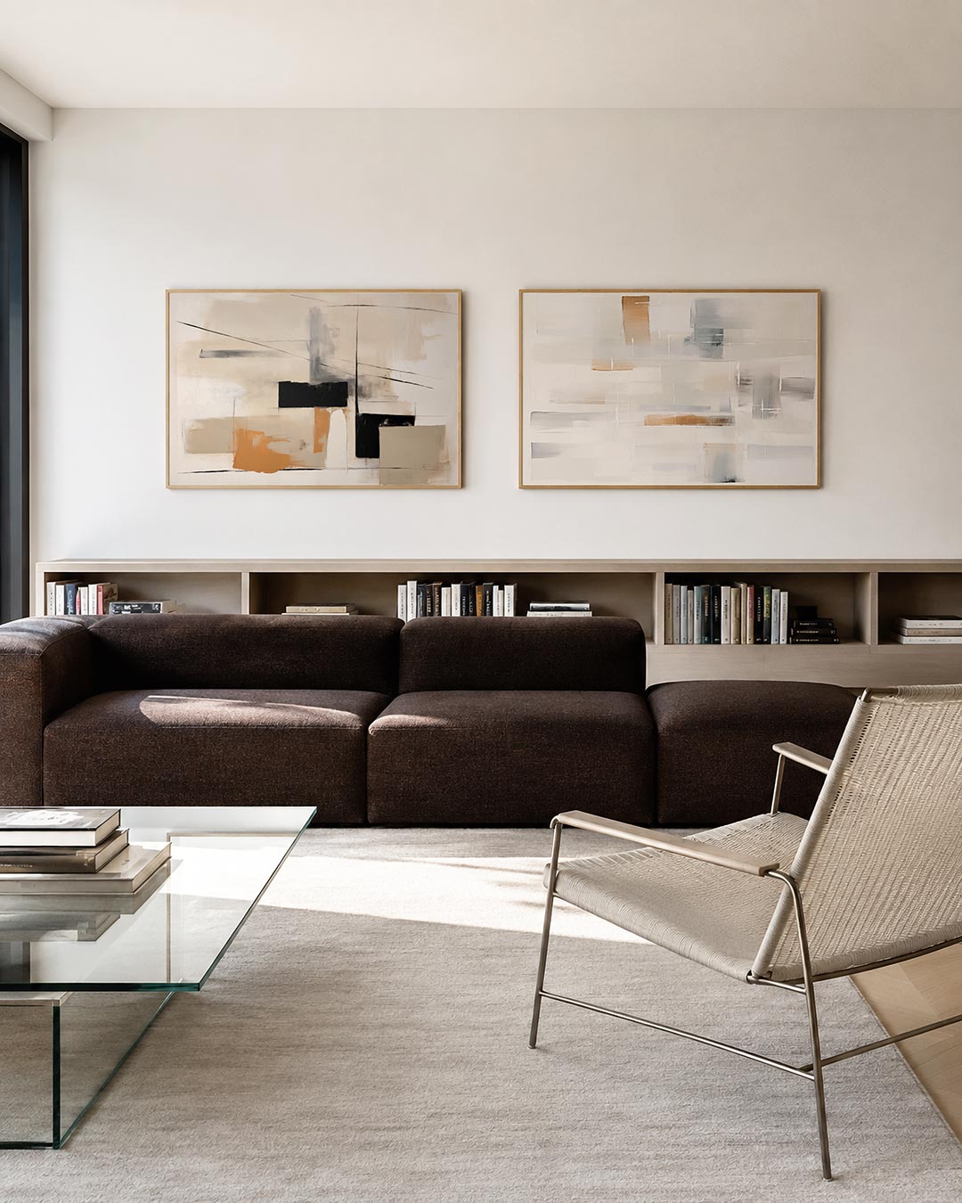 Twee liggende posters met een spel van zwarte lijnen en kleurvlakken in beige, zwart en oranje, aan de muur in een interieur