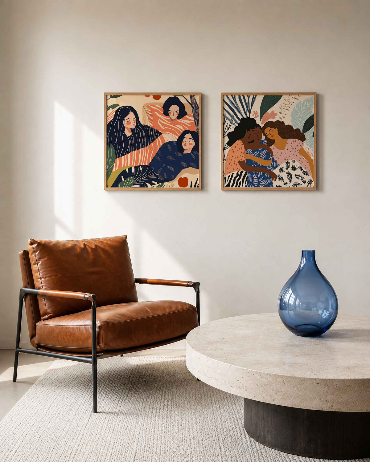 Interieurpresentatie van een tweedelige vierkante posterset met vrouwen met bladeren