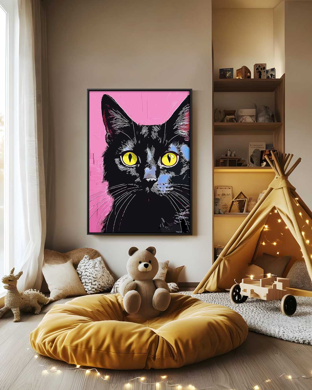 Kat met Gele Ogen op Roze Achtergrond Kunstwerk