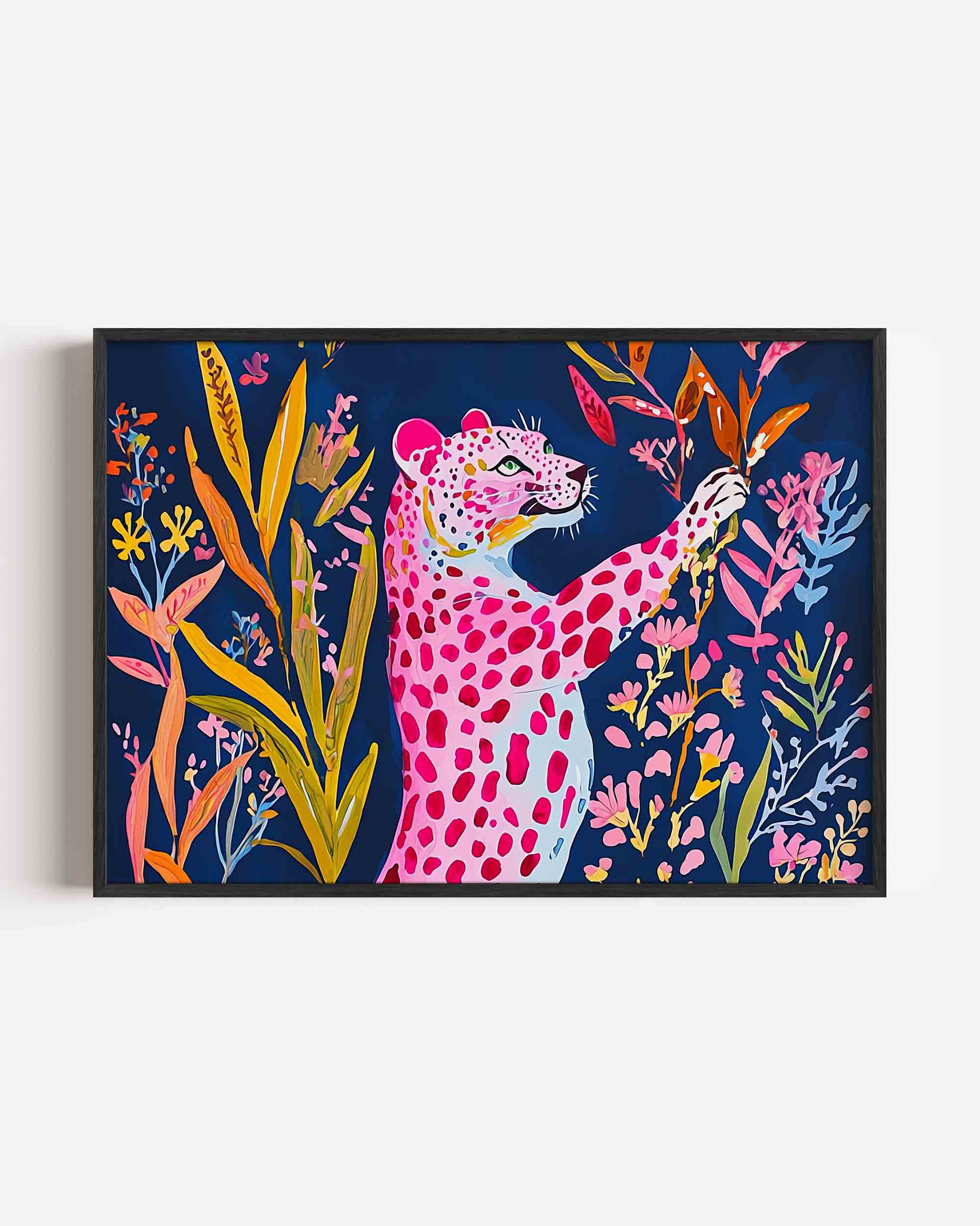 Roze luipaard en bloemen Poster