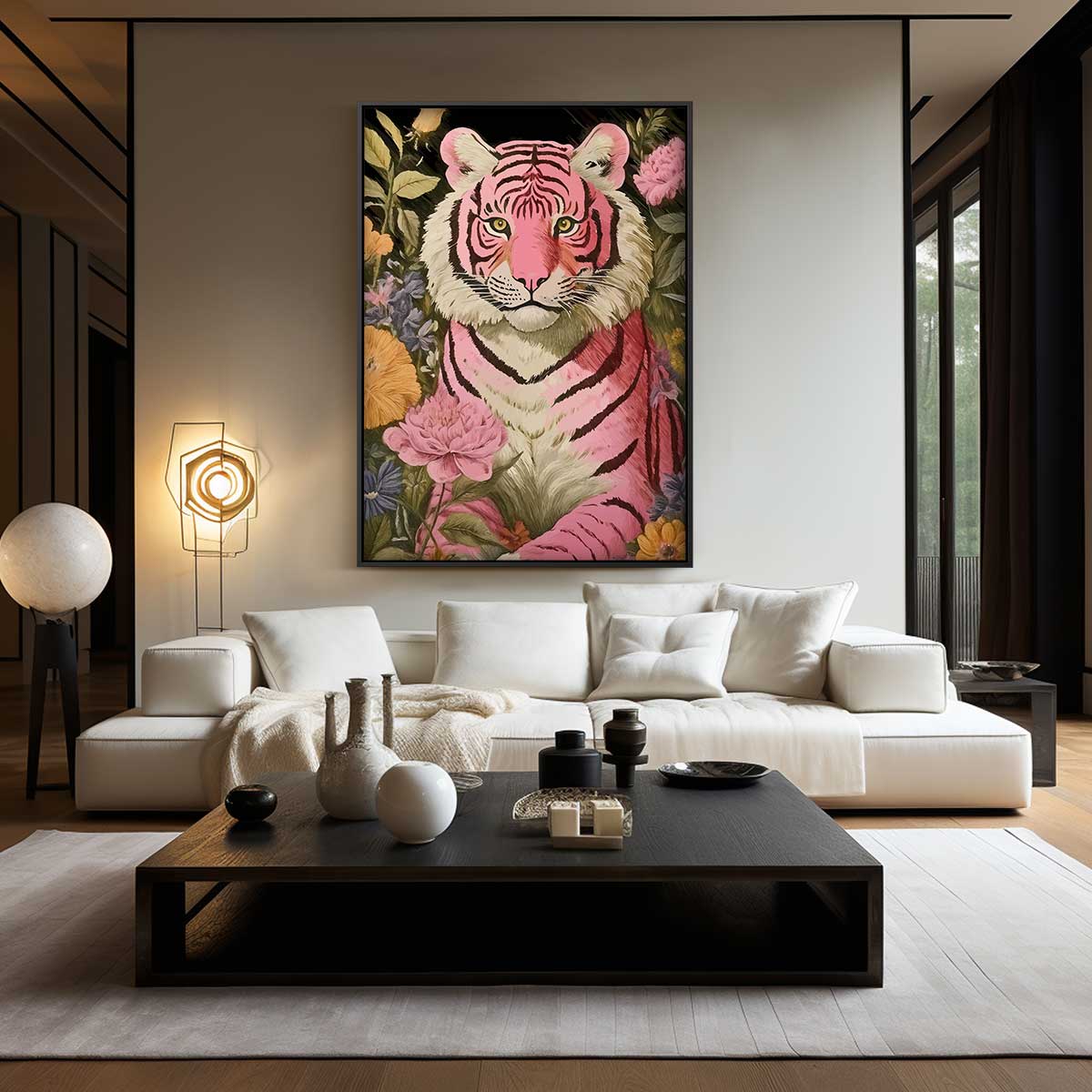 Roze Tijger in Bloemenzee Kunstwerk-canvas-dibond-plexiglas-wanddecoratie-WallArtistic