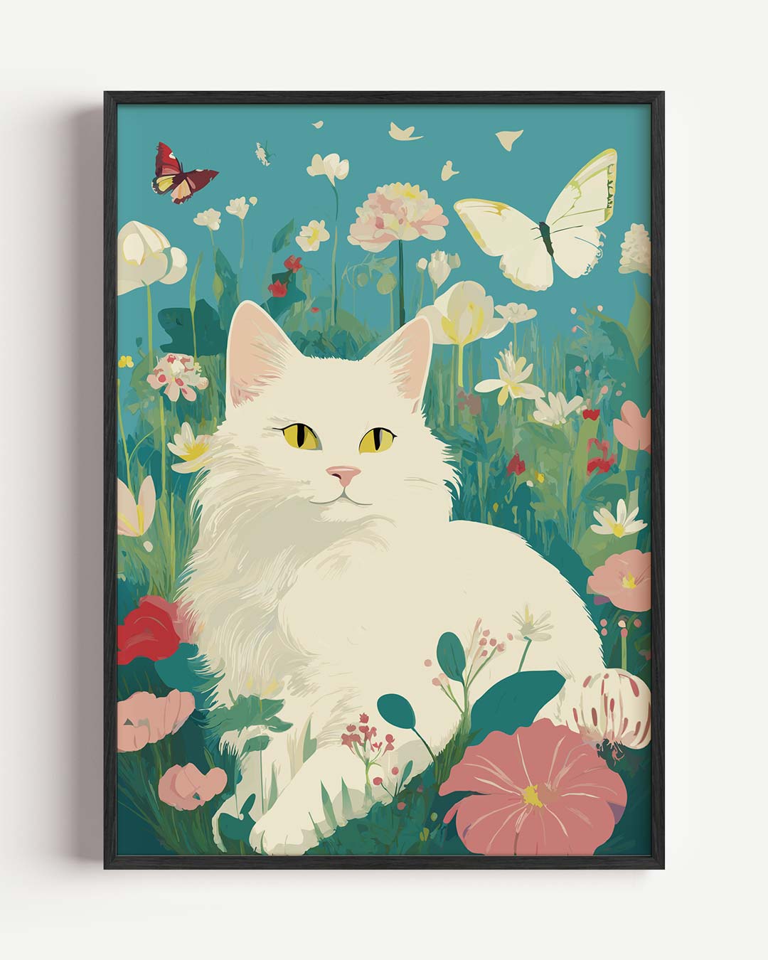 Vrolijke Kat in Bloementuin Poster-WallArtistic