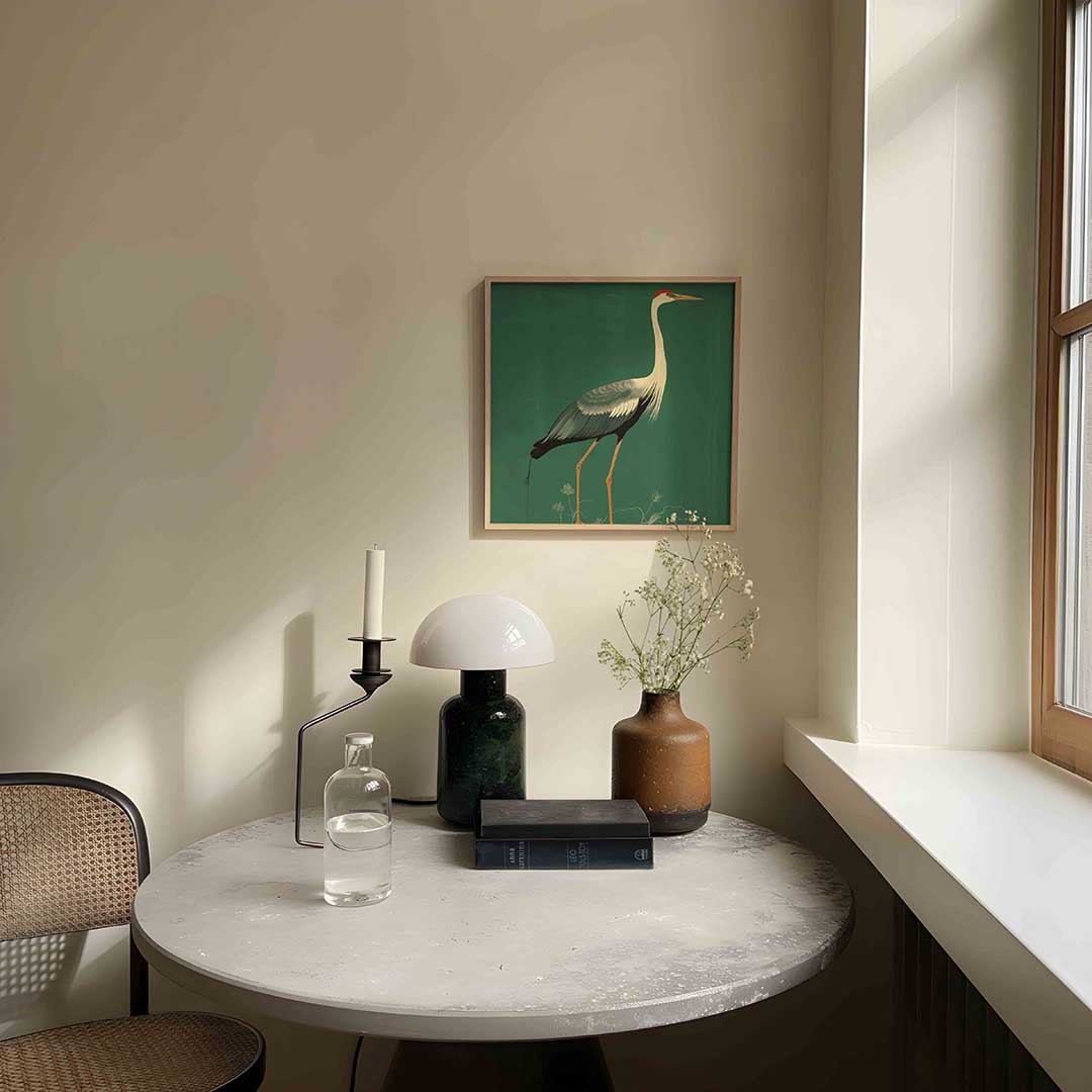 Kraanvogel op groene achtergrond Poster