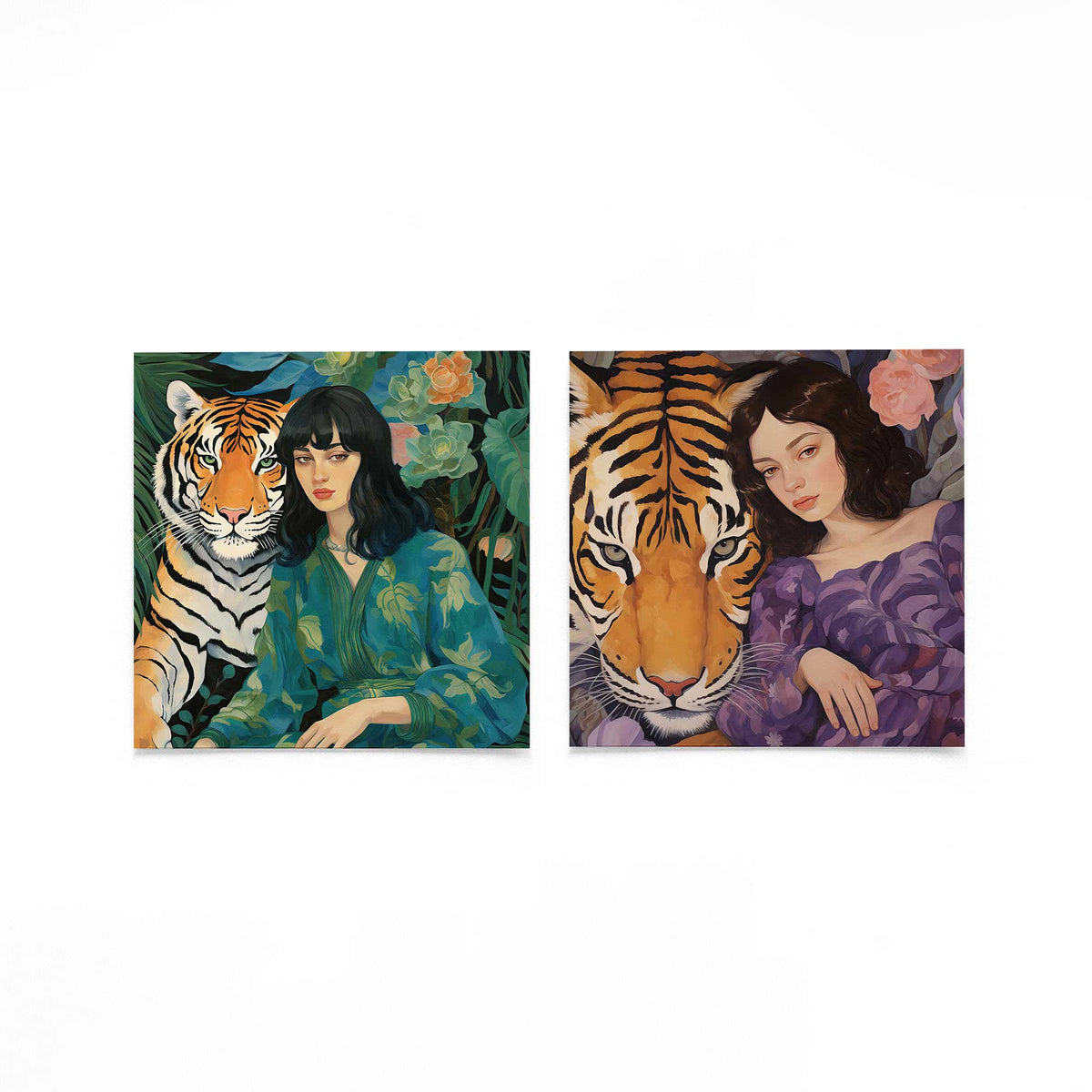 Twee vierkante posters met vrouwen met tijgers op een gebroken witte achtergrond