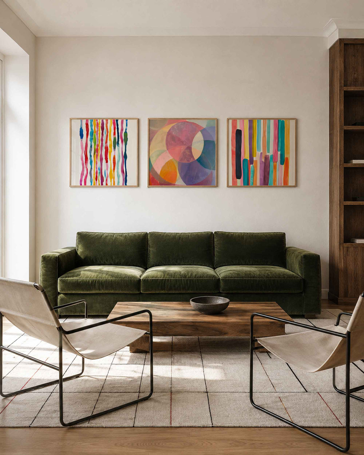 Interieurpresentatie van een driedelige vierkante posterset met kleurrijke abstracte