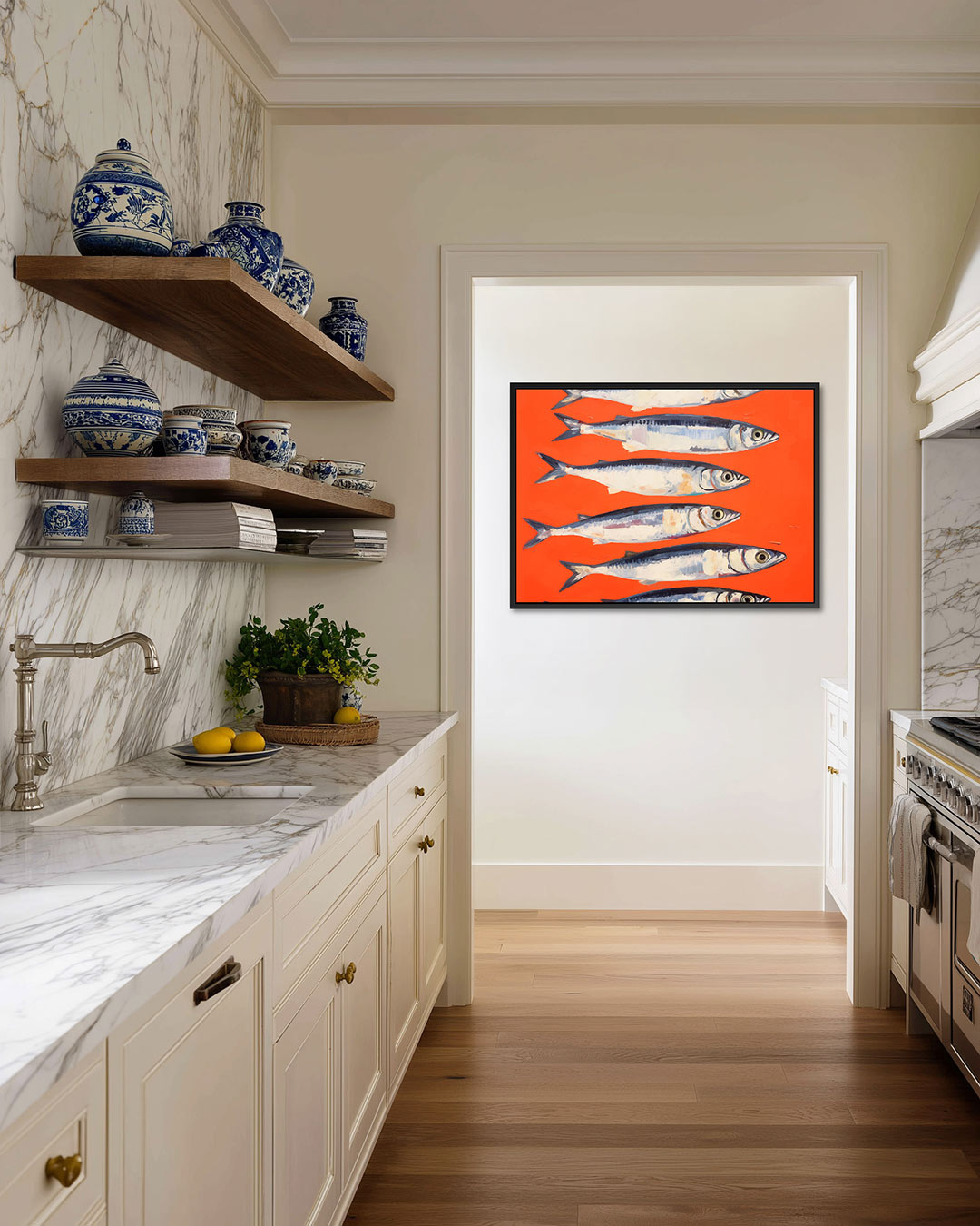 Vissen op fel oranje Kunstwerk