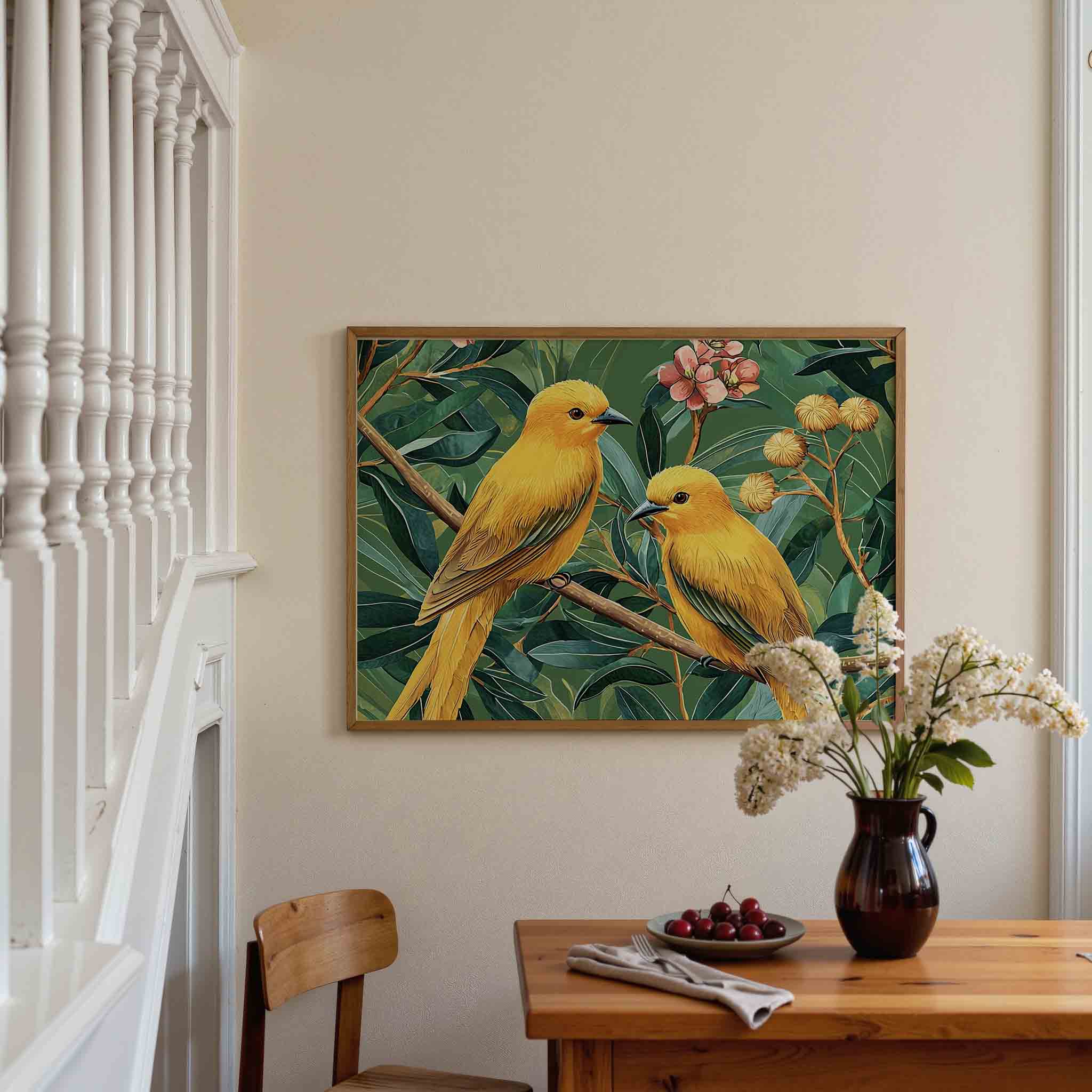 Gele vogels en bladeren Poster