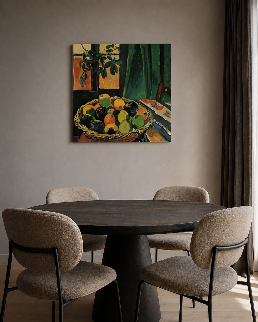 Fruitmand met groene gordijn Kunstwerk