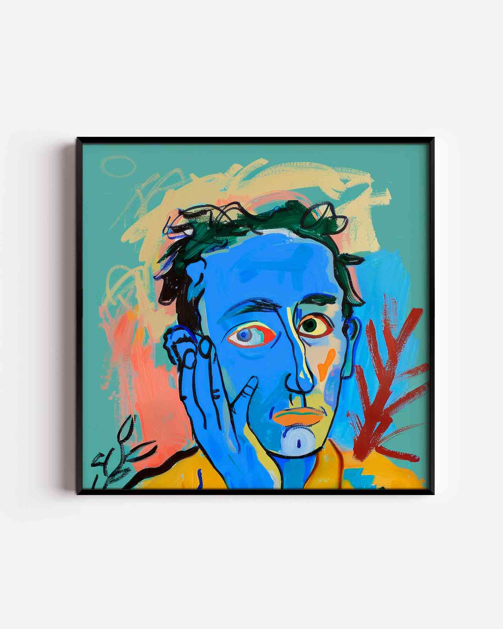 Blauw gezicht met hand Poster