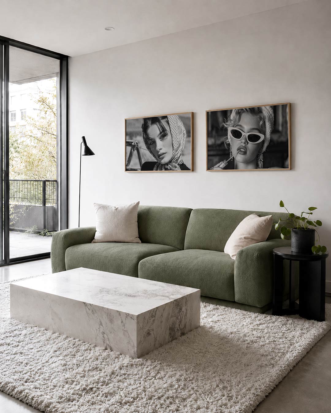 Tweedelige posterset met donkere tinten en een rustige visuele opbouw, getoond in een interieur