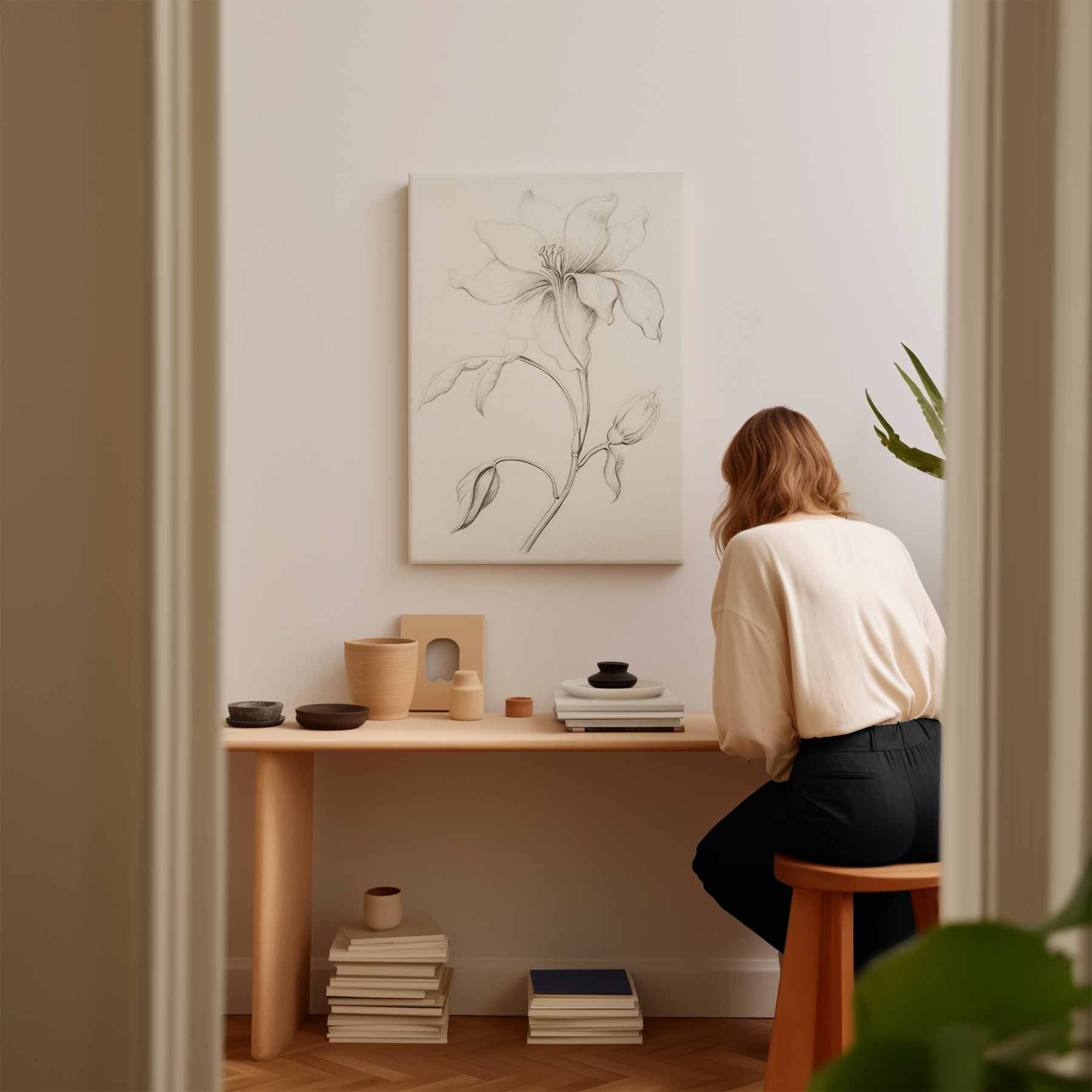 Elegante Bloementekening in Potlood Kunstwerk-canvas-dibond-plexiglas-wanddecoratie-WallArtistic