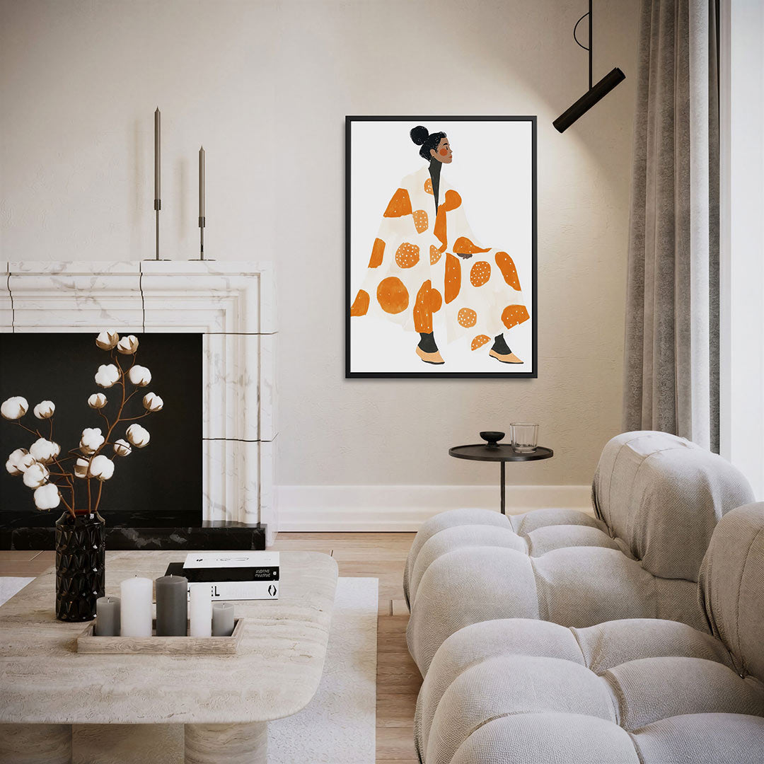 Vrouw in oranje patronen Kunstwerk