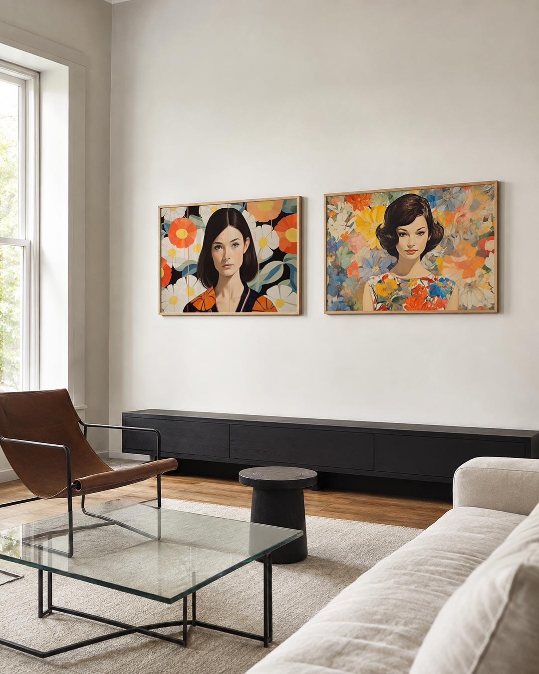 Twee liggende posters met een vrouw met donkere haren centraal, aan de muur in een interieur