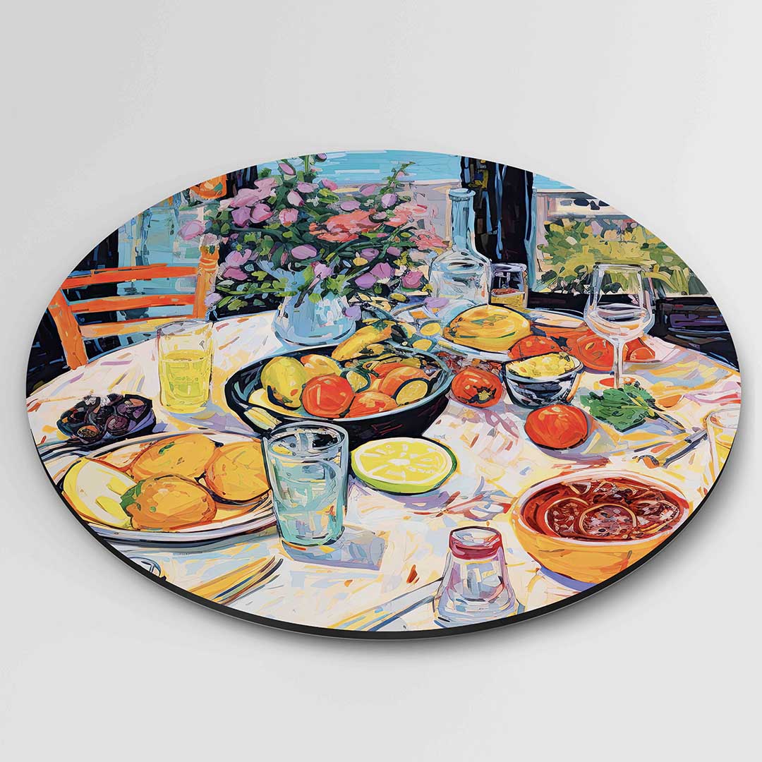 Fruit en bloemen op tafel Muurcirkel