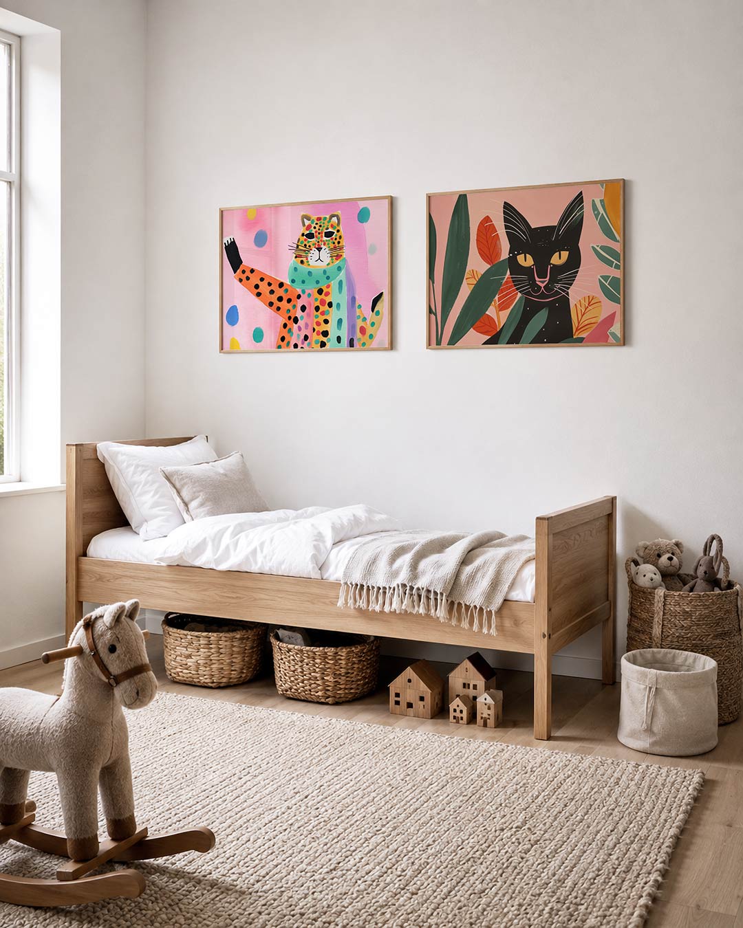 Interieurpresentatie van twee posters met een speelse compositie met een kleurrijke luipaard op een roze achtergrond