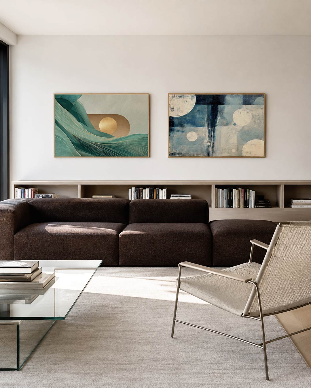 Tweedelige posterset met vloeiende groene lijnen die zich sierlijk om een gouden cirkel wikkelen, getoond in een interieur