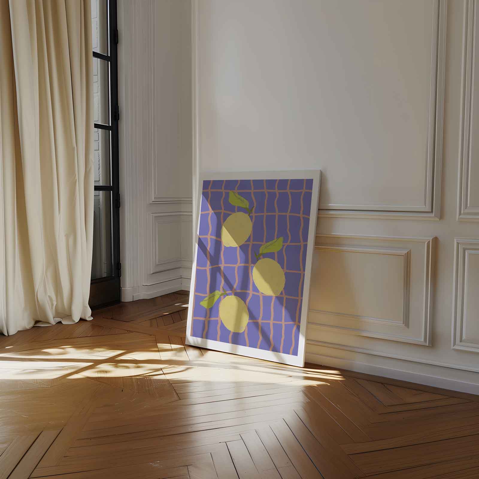 Citroenen op Blauw Ruitpatroon Kunstwerk-canvas-dibond-plexiglas-wanddecoratie-WallArtistic